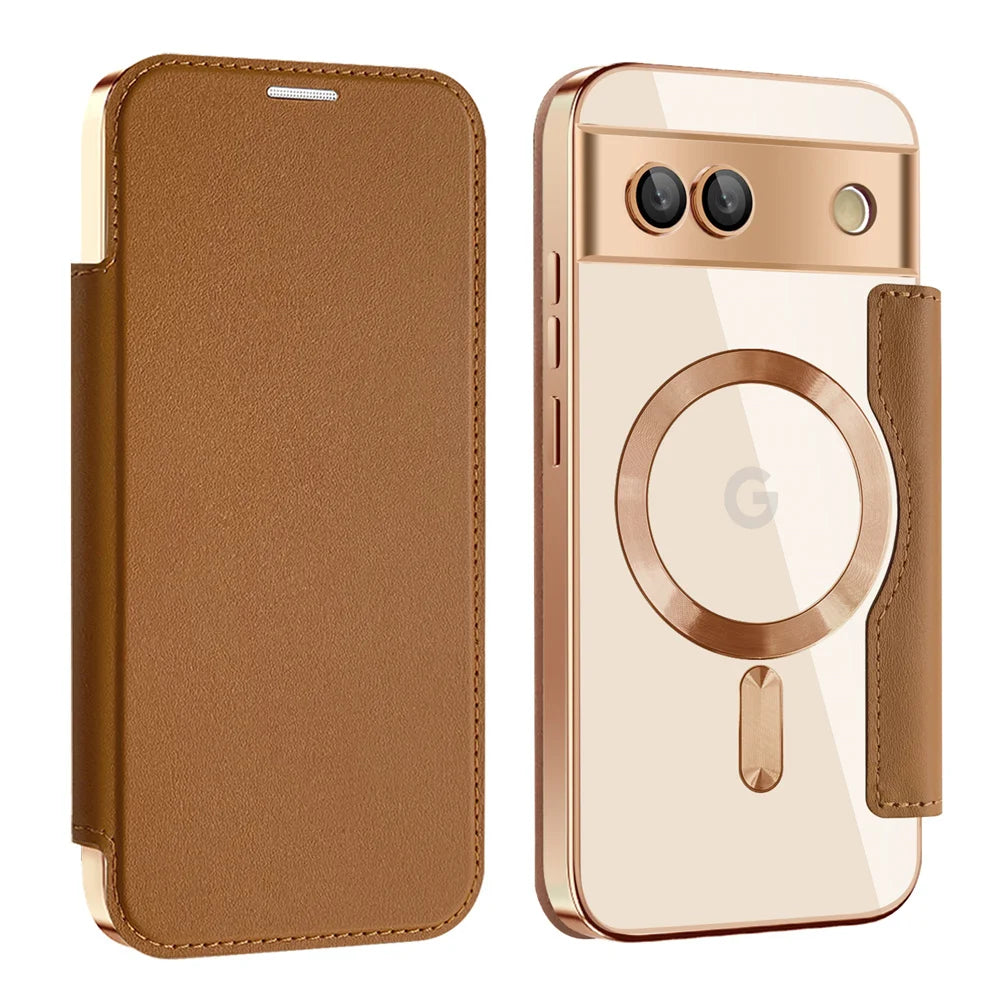 Luxury Leather Wallet Card Clip Magnetic Clear Phone Case for Google Pixel 9 Pro XL 8A 7A Plating Wireless Charging Flip Cover