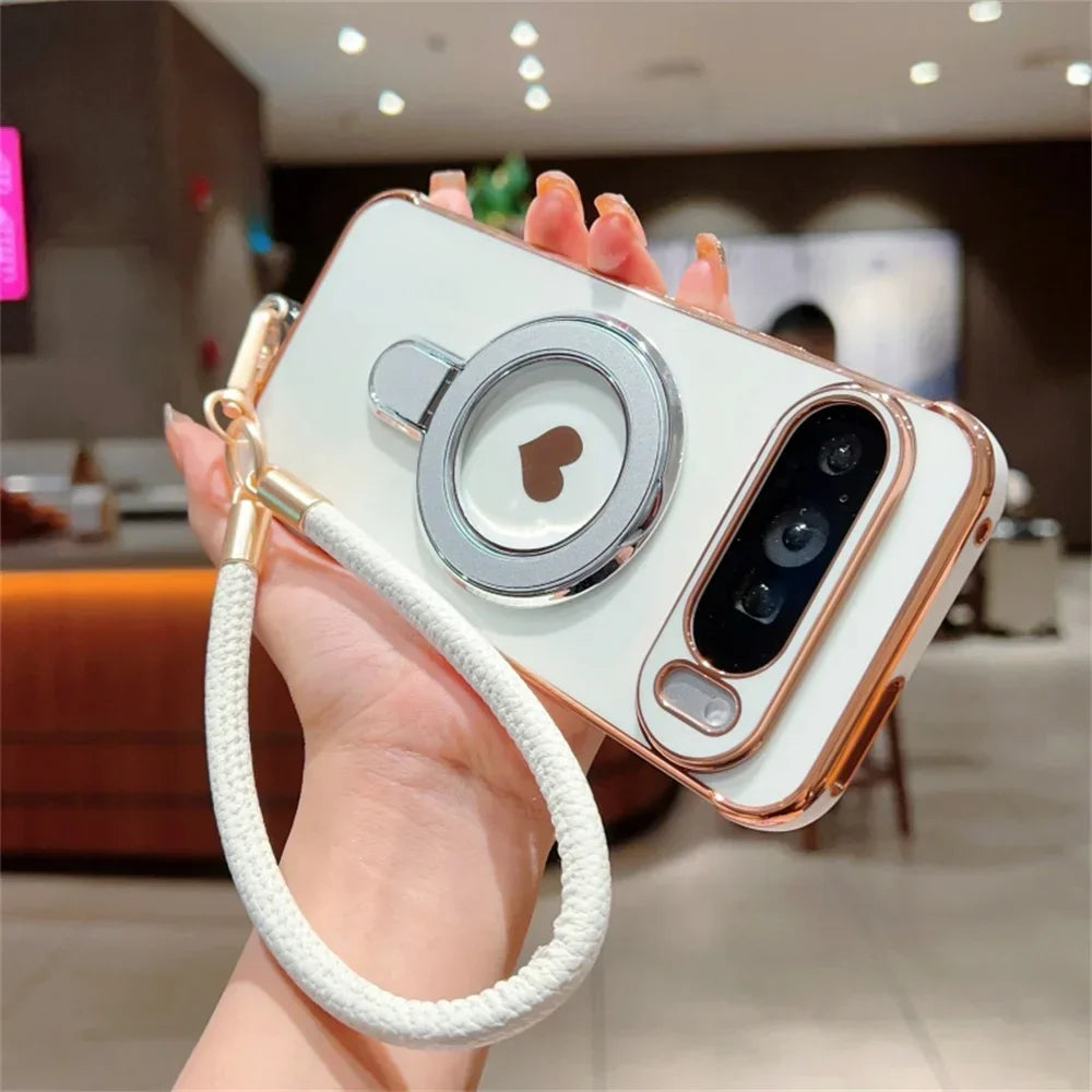 Cute Love Heart Wrist Strap Bracket Case for Google Pixel 8 9 Pro XL 9A 8A 7A Ring Holder Stand Lanyard Plating Soft TPU Cover