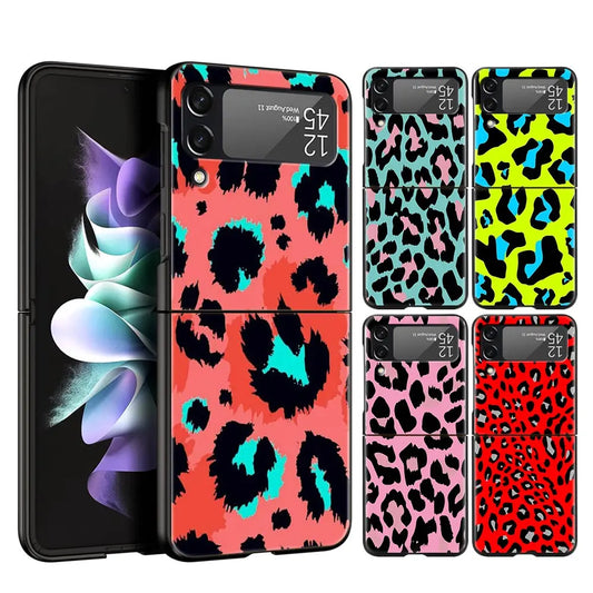 Leopard Print Pattern Phone Case For Samsung Galaxy Z Flip3 Flip4 Flip5 Shell For Z Flip 3 Flip 5 4 5G Black Hard Folding Cover