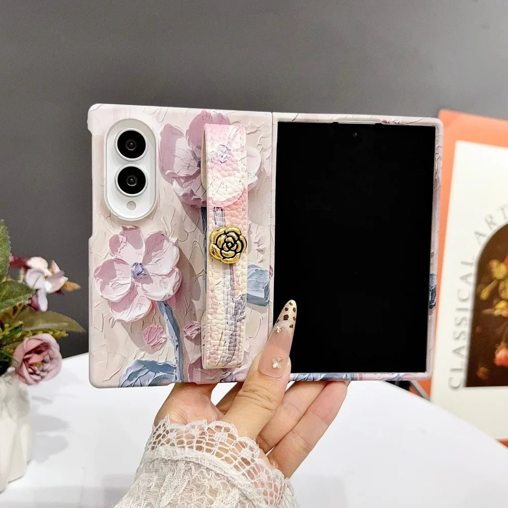 INS Relief Colorful Oil Painting Flower Lanyard All-inclusive Case For Samsung Galaxy Z Fold 8 Ultra Fold 7 Wrist Strap PC Cover