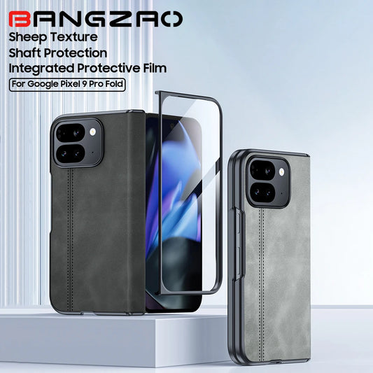 for Google Pixel 9 Pro Fold Phone Case, Sheepskin Texture Magnetic Hinge Protective Case, Integrated Protective Film