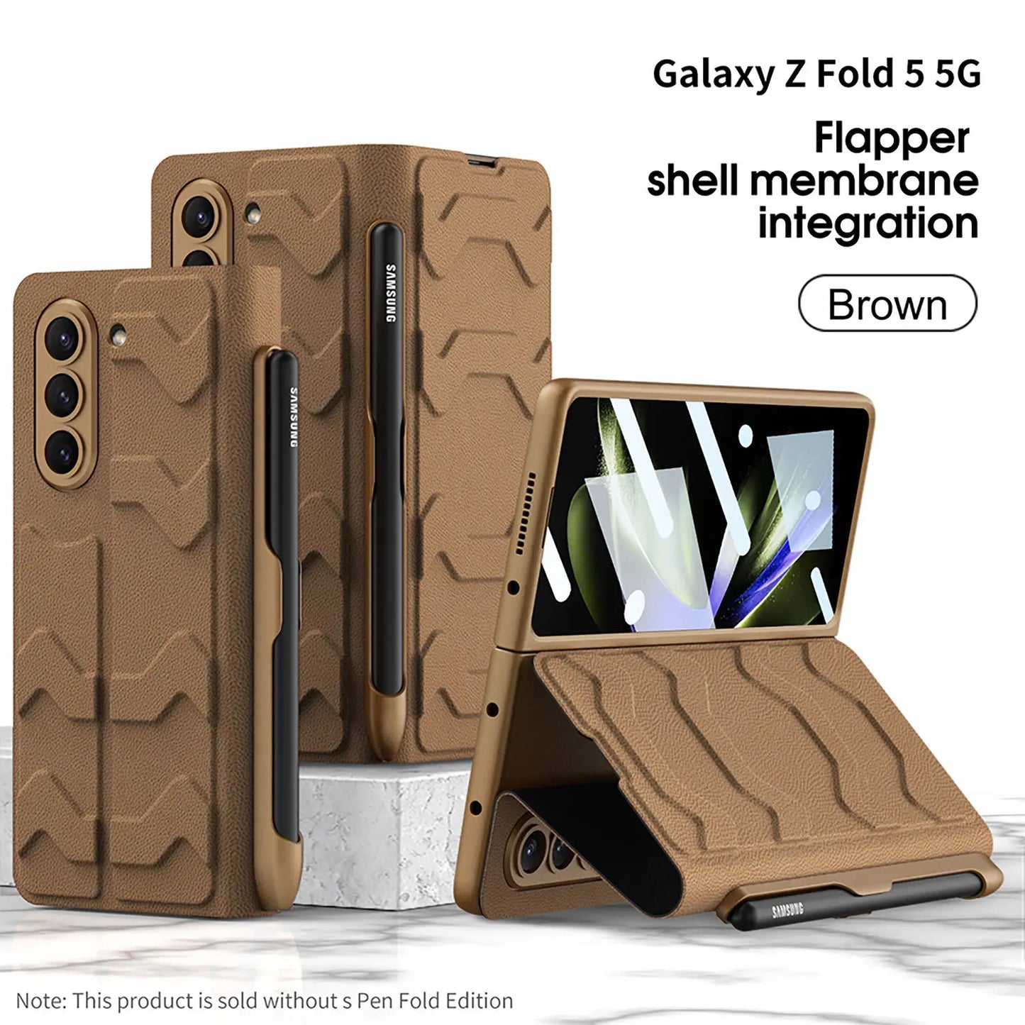 Clamshell Warrior Leather Case for Samsung Galaxy Z fold 5 Shell Film Integrated with Side Pen slot Anti-fall Protection Cover