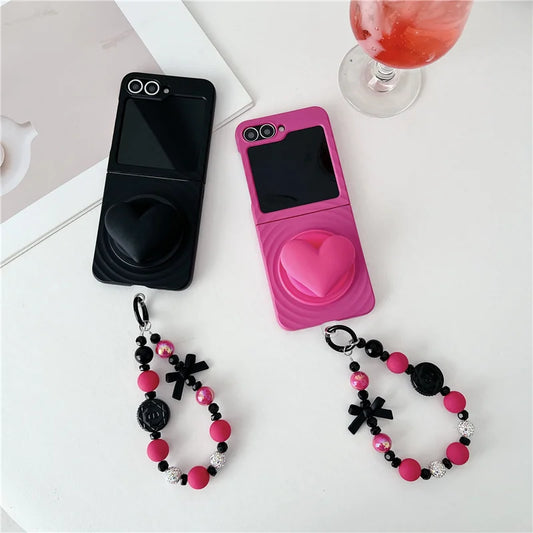 Water Ripple Texture Magnetic Love Stand Phone Case For Samsung Galaxy Z Flip 7 6 5 Flip6 Flip5 Flip7 Cover with Chain Cute Capa