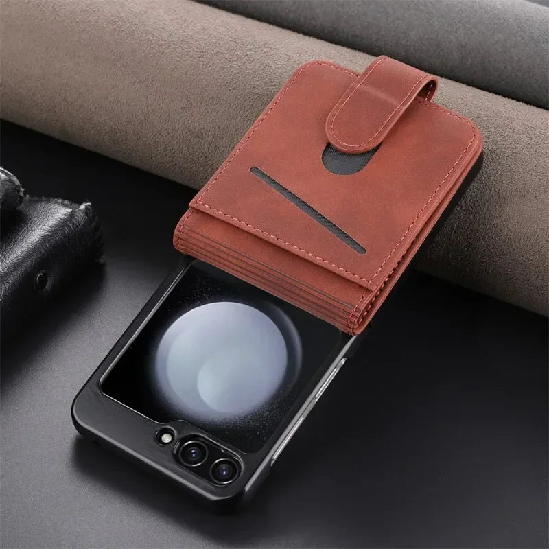 Simple Retro Pure Color Leather Phone Case For Samsung Galaxy Z Flip 7 6 5 4 3 Card Slot Bracket Wallet Shockproof Protect Cover