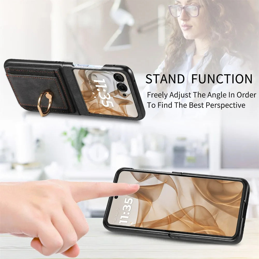 For Motorola Razr 50 Ultra Mooto Razr40 Retro Plain PU Leather Card Slot Holder Wallet Phone Case Ring Bracket Shockproof Cover