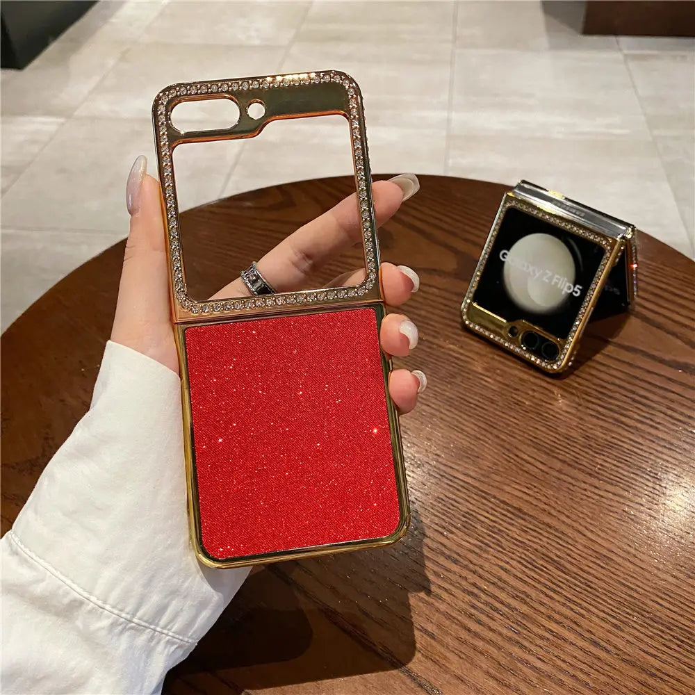 Luxury Bling Diamond Leather Plating Case For Samsung Galaxy Z Flip 6 Flip 5 Flip 3 4 Shockproof Cover Funda