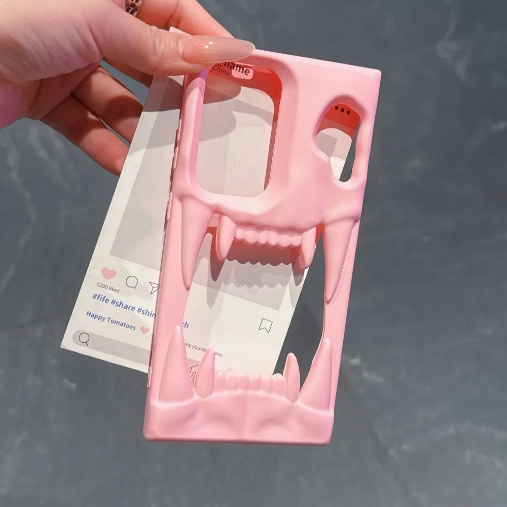 Luxury Hollow 3D Skeleton Tiger Teeth Case For Samsung Galaxy S25 S24 Plus Ultra Matte Metallic Fluorescence Shockproof Cover