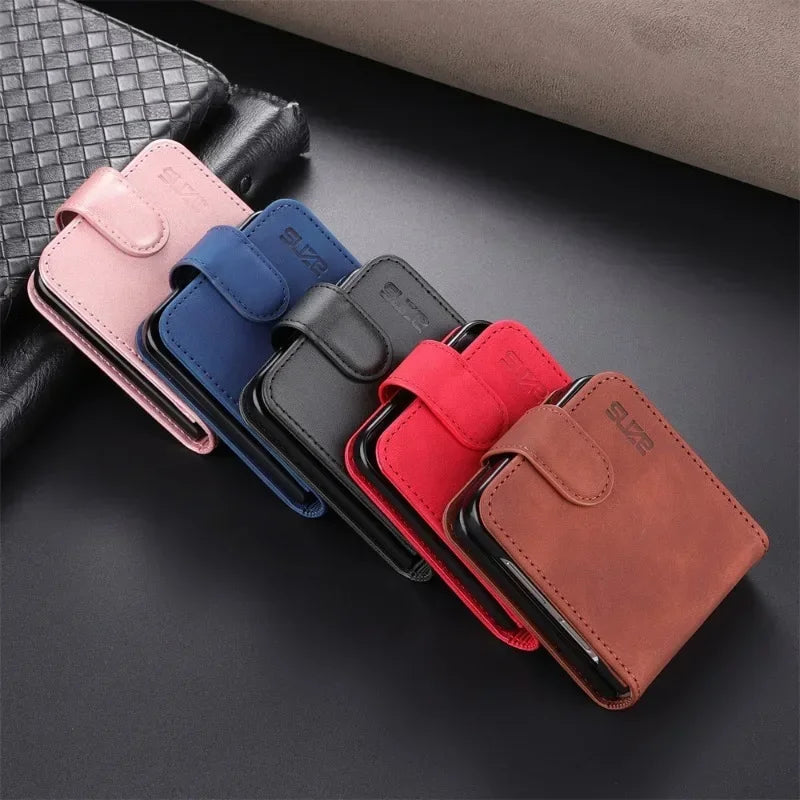 Simple Retro Pure Color Leather Phone Case For Samsung Galaxy Z Flip 7 6 5 4 3 Card Slot Bracket Wallet Shockproof Protect Cover