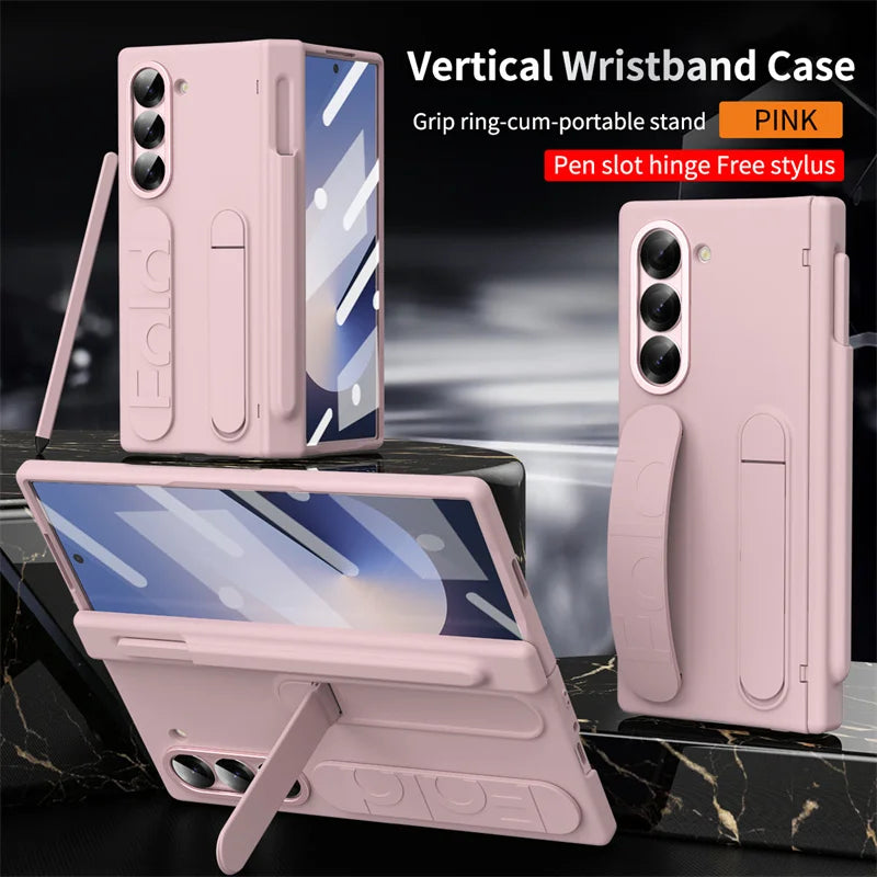 Wristband Holder Hinge Phone Case For Samsung Galaxy Z Fold 7 6 5 4 3 With Pen Slot & S Pen Screen Protector Film Protect Cover