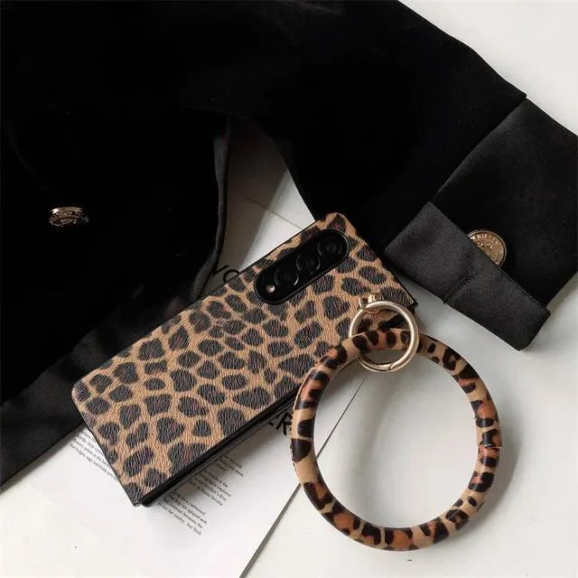 For Samsung Galaxy Z Fold 6 5 4 3 2 5G Fold5 Portable Bangle Big Hand Ring Cover Leopard PU Leather Hard Case Cover