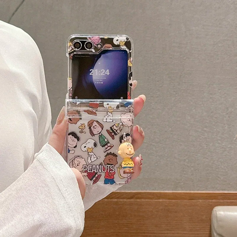 Cute Cartoon Snoopy Charlie Brown Peanuts Transparent Phone Case For Samsung Galaxy Z Flip 6 5 Hard PC Back Cover For Z Flip 3 4