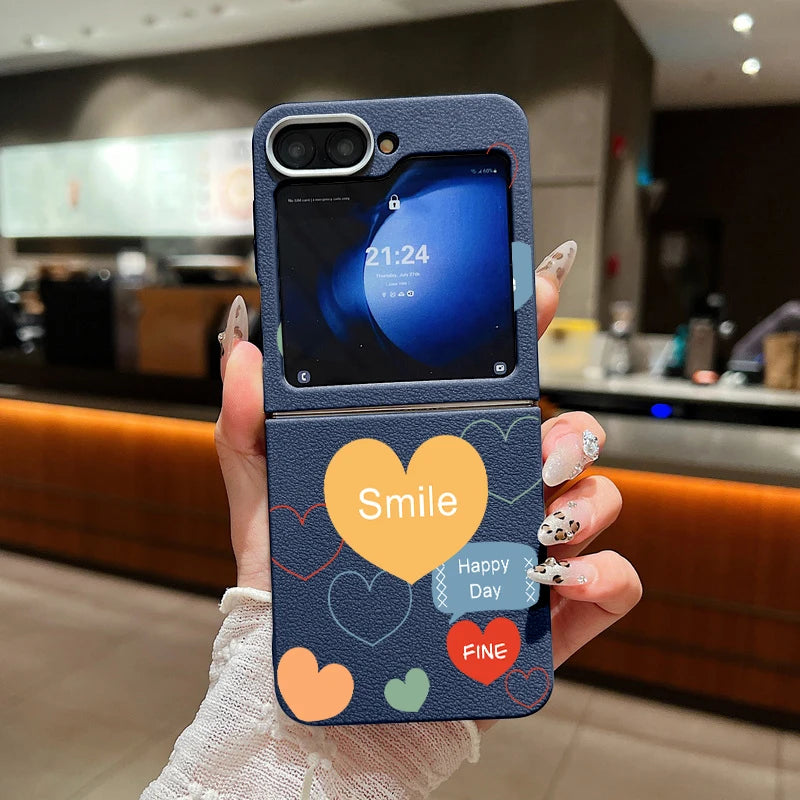 For Samsung Galaxy Z Flip 6 5 4 3 5G Leather Texture Phone Case Love Heart Pattern Soft TPU Folding Cover For Samsung Z Flip5