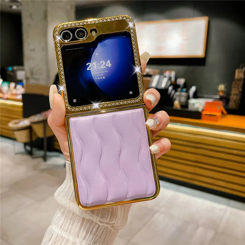 Luxury Bling Diamond Leather Plating Case For Samsung Galaxy Z Flip 6 Flip 5 Flip 3 4 Shockproof Cover Funda