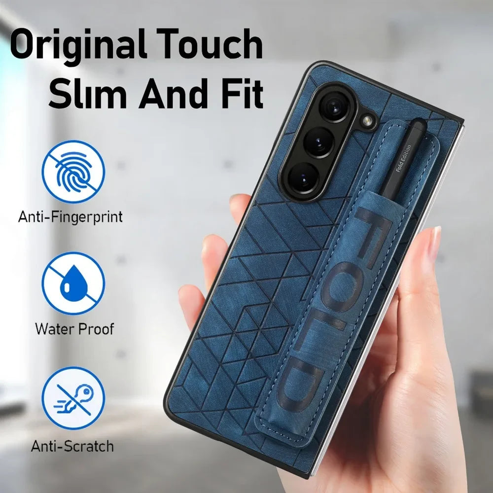 Wrist Strap PU Leather Cover for Samsung Galaxy Z Fold 6 5 4 3 5G Hard PC Phone Case with S Pen Holder & Finger Grip(no Pen)