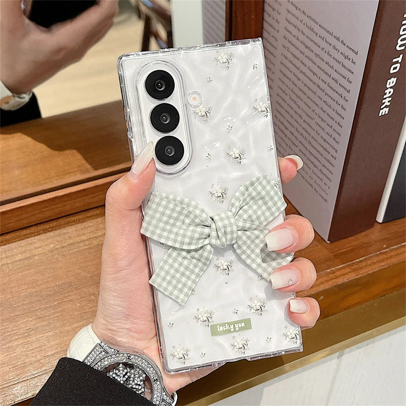 Clear Water Ripples Bowknot Flower Cute Phone Case For Samsung Z Fold 7 6 Fold6 Cases with Chain Cover For ZFold6 ZFod7 Funda