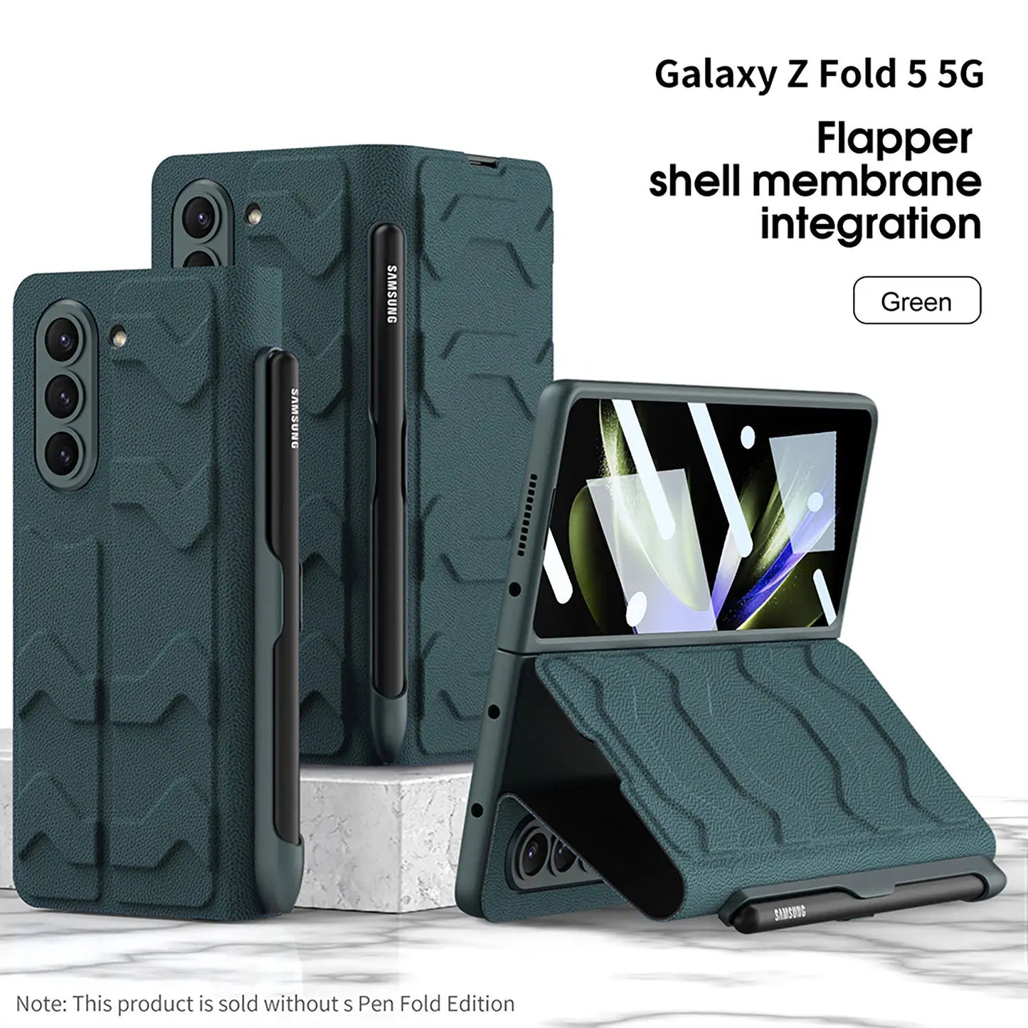 Clamshell Warrior Leather Case for Samsung Galaxy Z fold 5 Shell Film Integrated with Side Pen slot Anti-fall Protection Cover