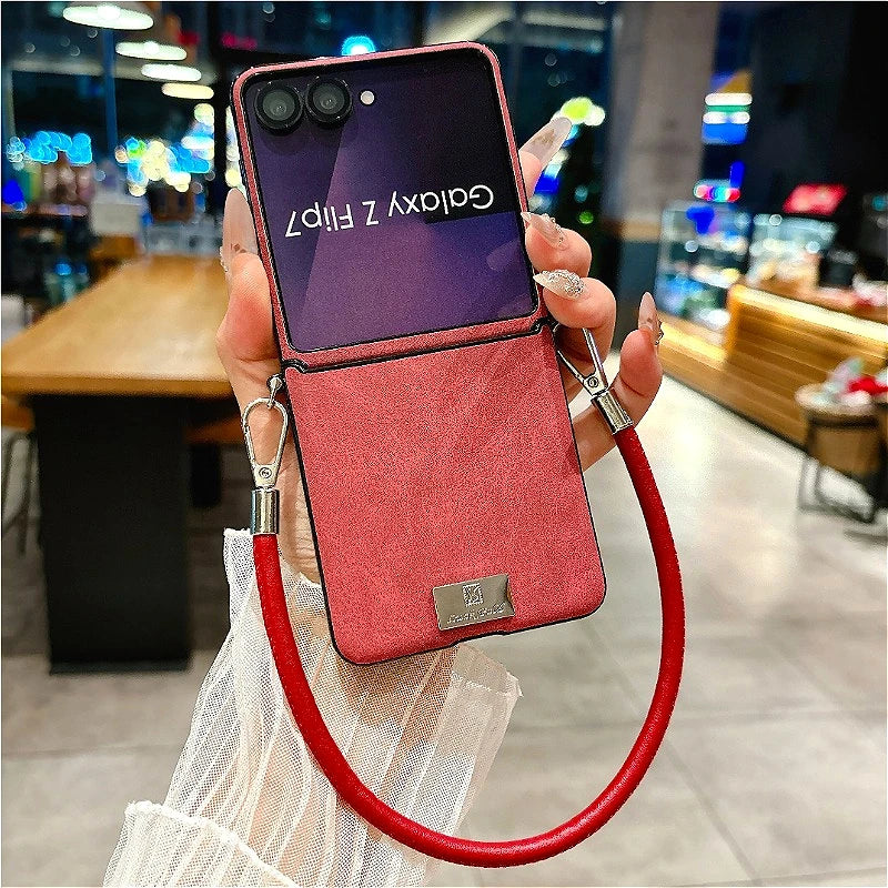 Luxury Sheepskin Leather Case with Nameplate For Samsung Galaxy Z Flip 7 6 5 4 3 5G ZFlip7 FE Fashion Back Cover With lanyard