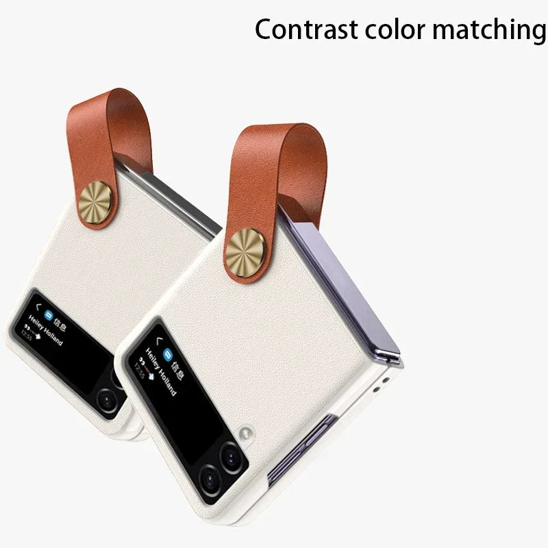 Matte Hand Strap Leather Holder Case for Samsung Galaxy Z Flip 3 4 5 6 5G Flip6 ZFlip4 Protection Luxury Foldable Fashion Cover