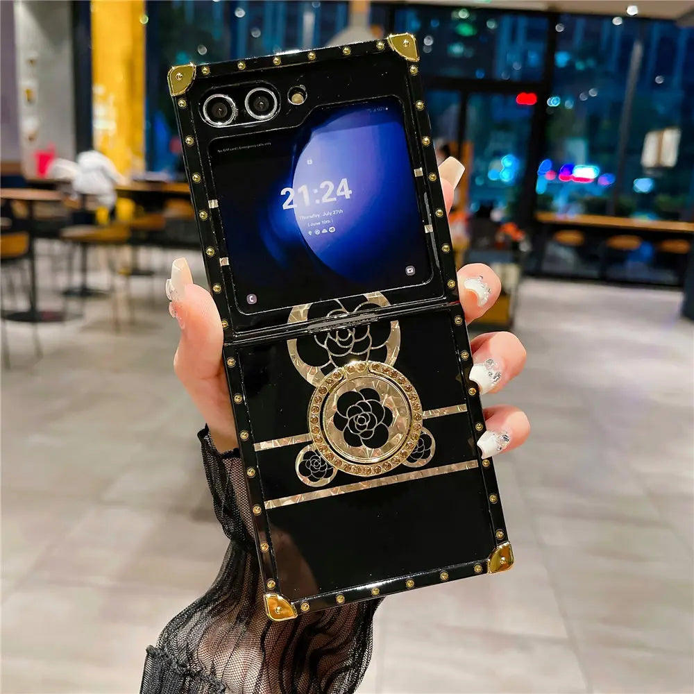 Luxury Gold Plating Flower Case For Samsung Galaxy Z Flip 6 Ring Holder Bracket Cover For Galaxy Z Flip 6