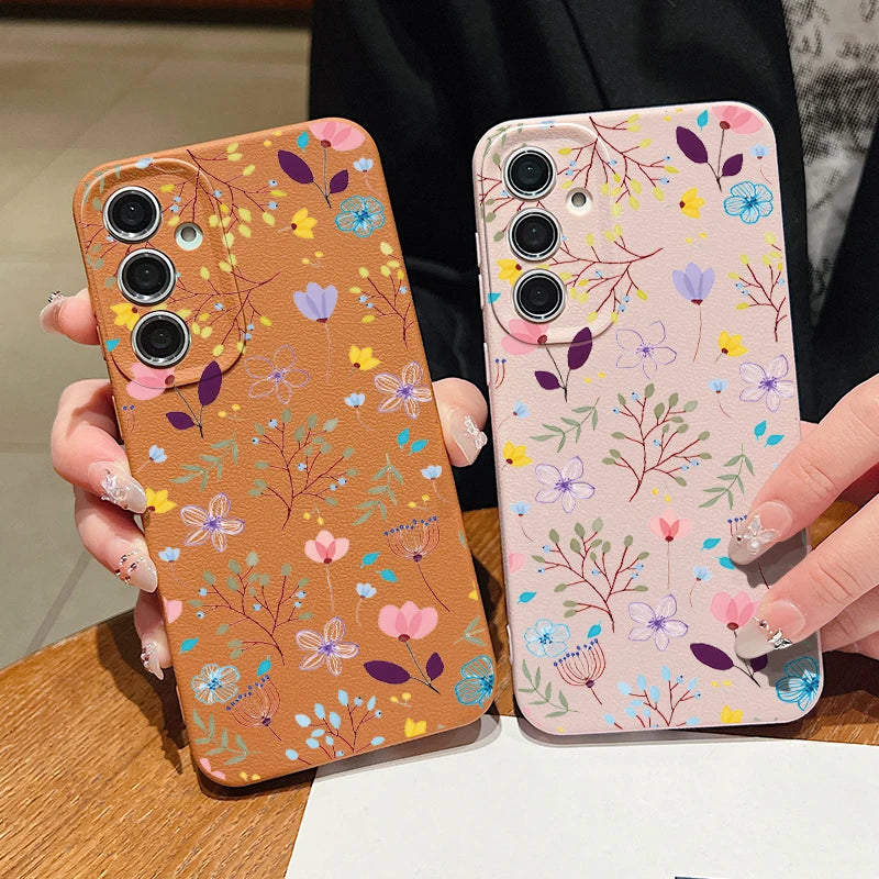 Floral Flowers Leather Texture TPU Case For Samsung Galaxy S24 FE S25 S23 S22 Ultra A16 A55 A15 A54 A35 A25 A56 5G Phone Cover