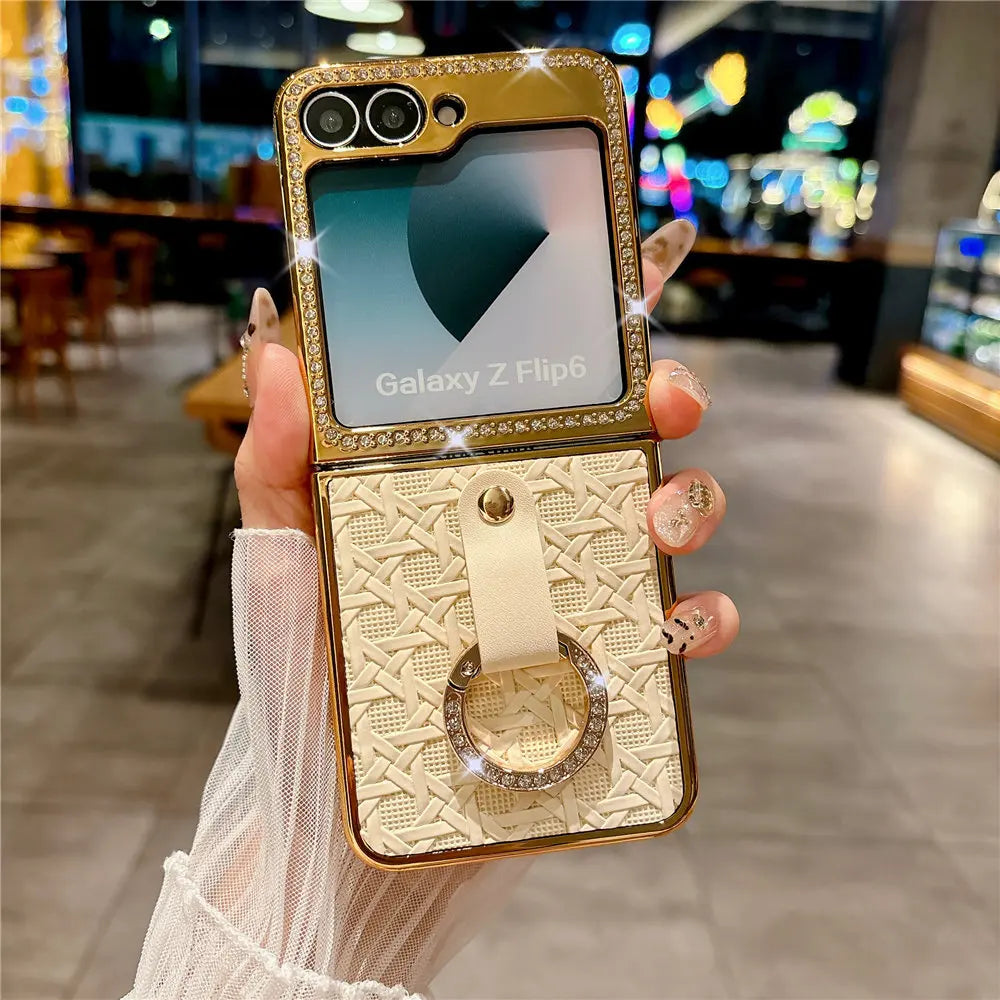 Ring Holder PU Leather Plating Case For Samsung Galaxy Z Flip 6 Flip 5 Flip 4 Zflip 3 Bling Diamond Shockproof Cover