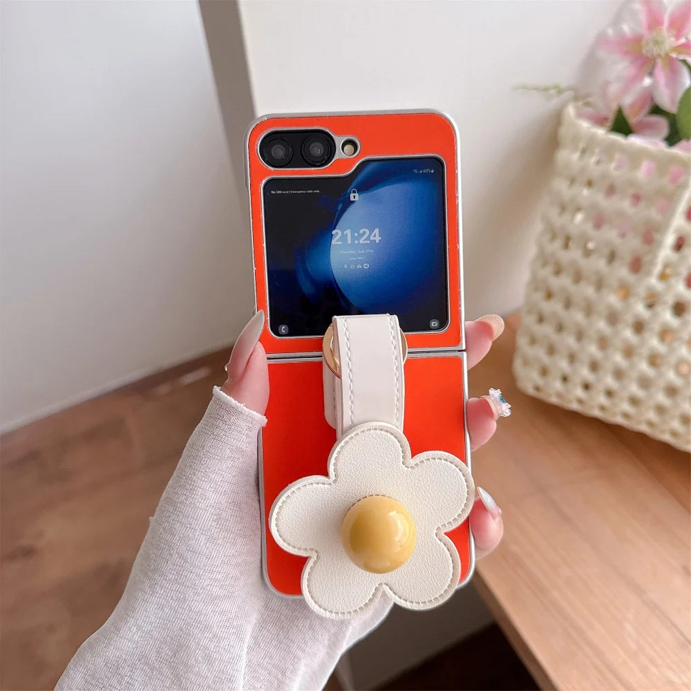 3D Flowers Leather Wrist Strap Phone Case For Samsung Galaxy Z Flip 7 6 5 4 3 Flip6 Z Flip7 Plating Silver Frame Ice Silk Cover