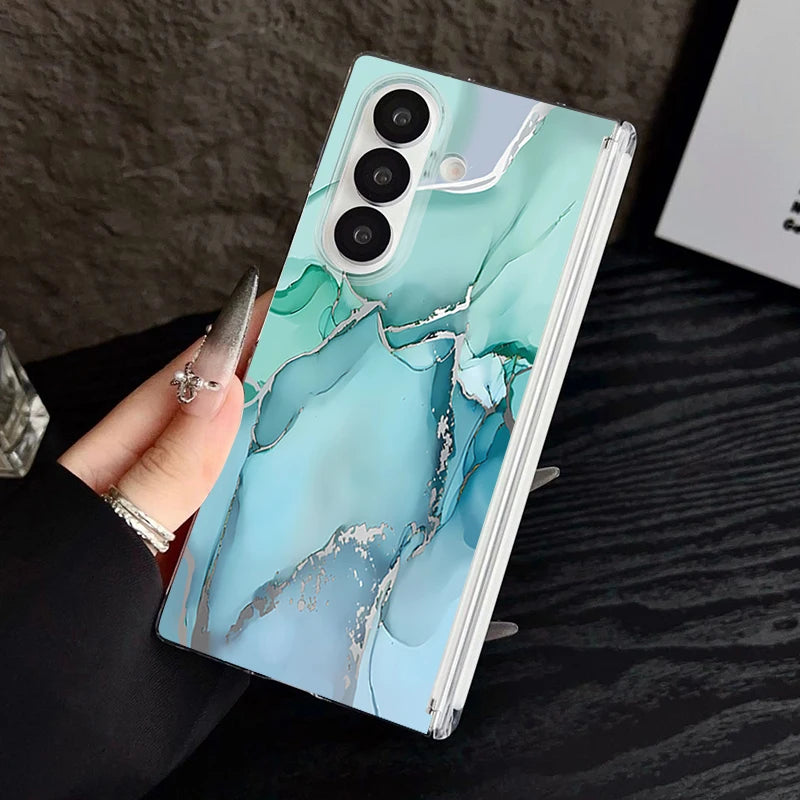 Magnetic Adsorption Clear Case For Samsung Galaxy Z Fold 7 6 5 Fold7 Fold6 Fold5 5G Retro Marble Pattern Shockproof Phone Cover
