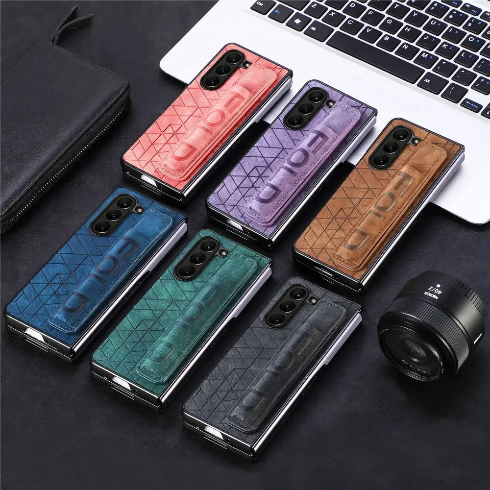 Wrist Strap PU Leather Cover for Samsung Galaxy Z Fold 6 5 4 3 5G Hard PC Phone Case with S Pen Holder & Finger Grip(no Pen)