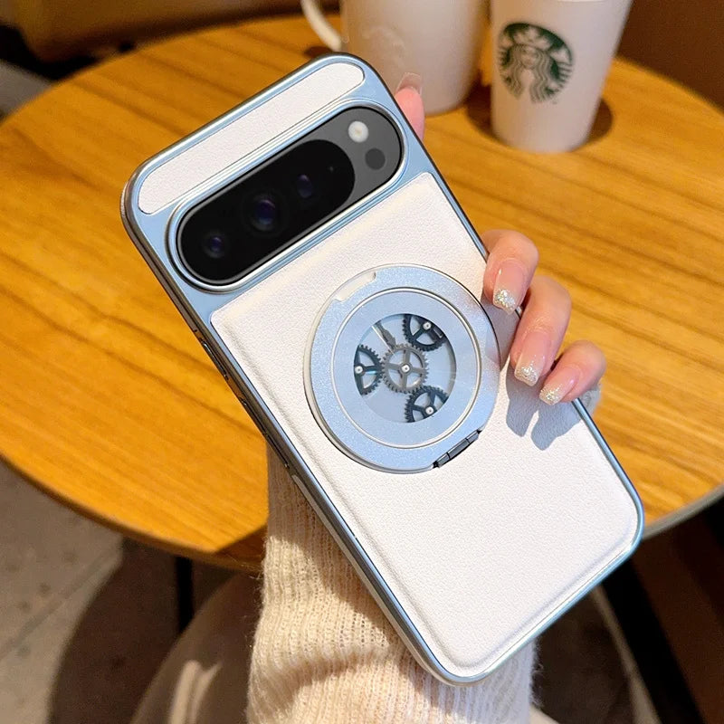 For Google Pixel 8 9 10 Pro XL 9A Magnetic rotatable  Kickstand Gear relieve stress Hybrid TPU+PC PU Leather Luxury Back Case