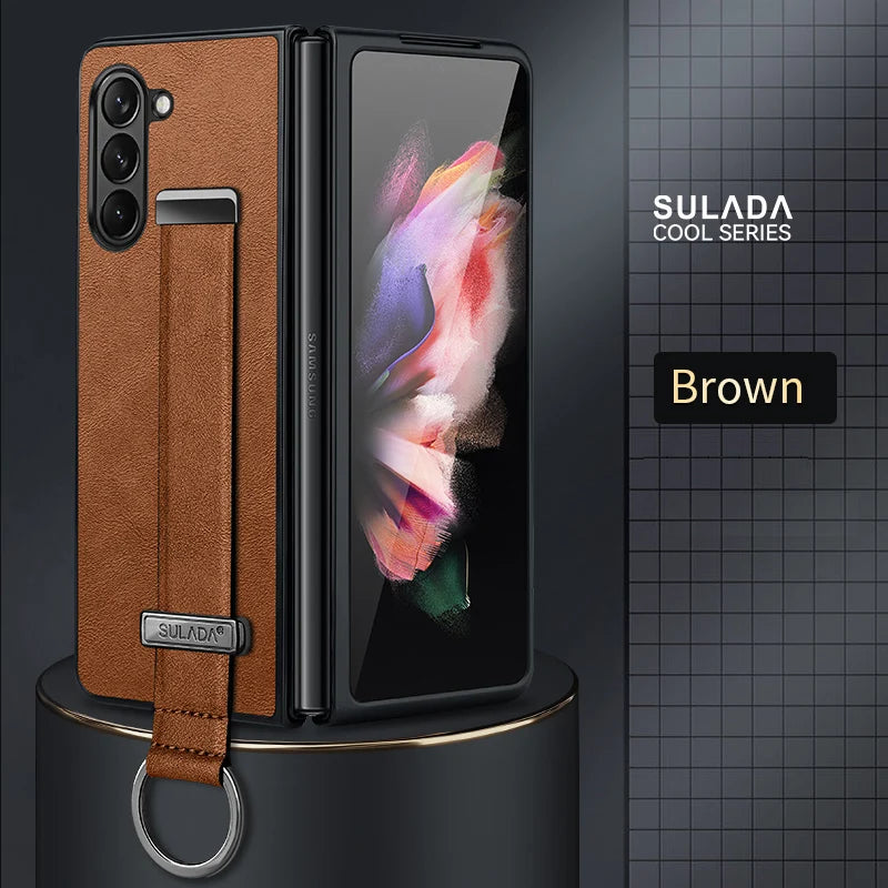 Finger Hand Grip Band Belt Strap Case For Samsung Galaxy Z Fold6 Fold5 Fold4 Fold 6 5 4 Business PU Leather Protector Shell