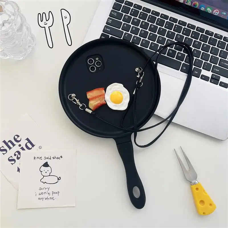 Funny 3D Frying Pan Crossbody Strap Phone Case For Samsung Galaxy S25 Ultra Cover S24 Plus S23 Ultra INS Fashion Shockproof Case