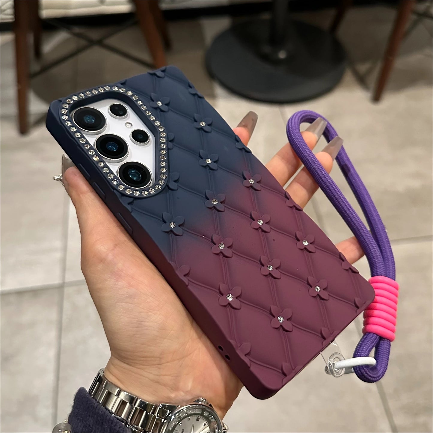 Luxury Glitter Diamond 6D Flowers S25 Edge Gradient Case For Samsung Galxy S25 S24 S23 Ultra Plus FE A26 A16 Wrist Strap Cover