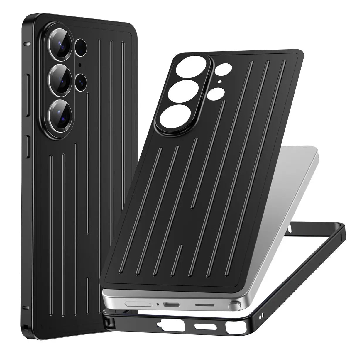 Aluminum Alloy Frame 3D Striped Cover Plate 2in1 Phone Case for Samsung Galaxy S26 Ultra S26 Shockproof Corrugated Luggage Cover