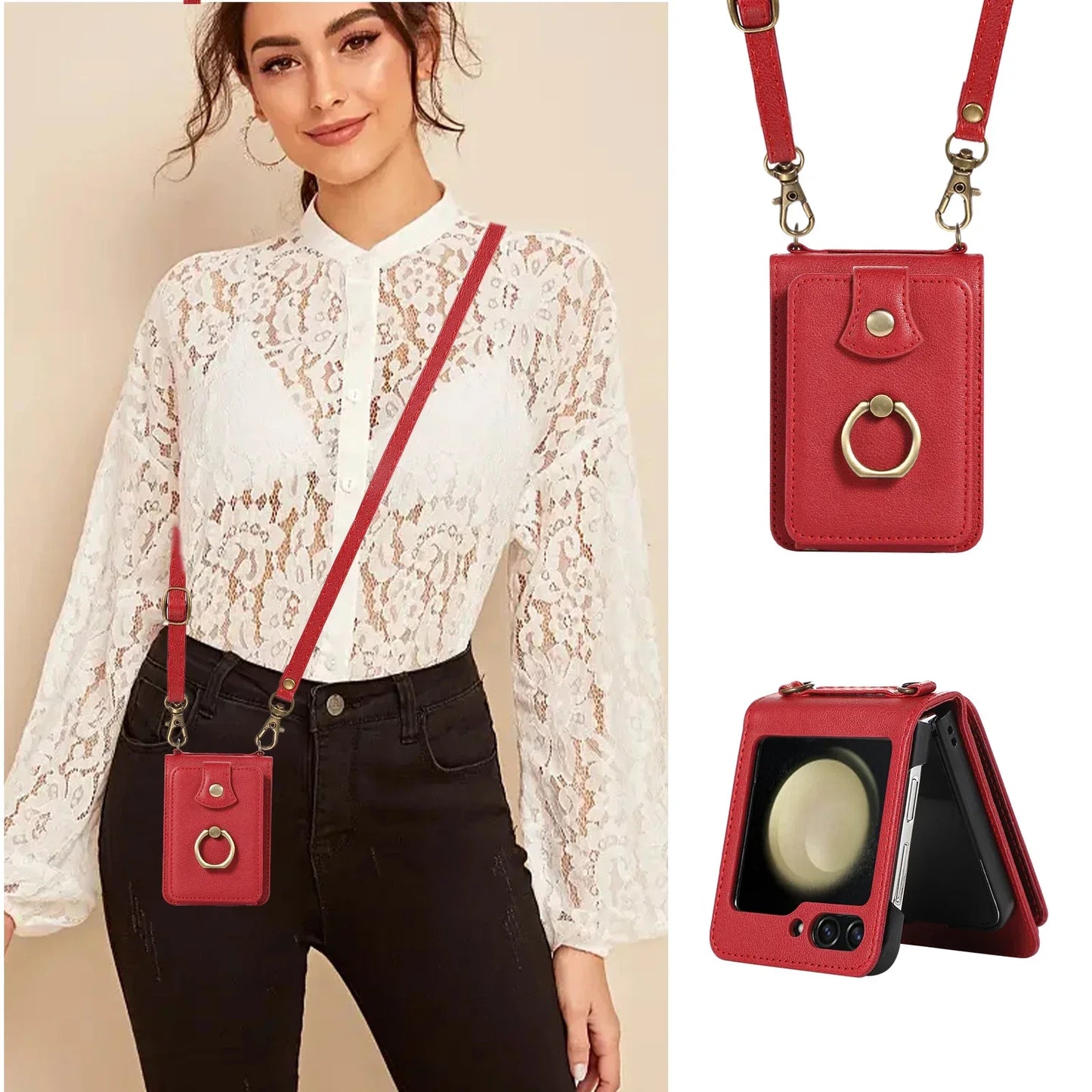 Crossbody Leather Cards Solt Wallet Bag Case For Samsung Galaxy Z Flip 6 5 4 3 5G Flip5 Finger Ring Holder Lanyard Pocket Cover