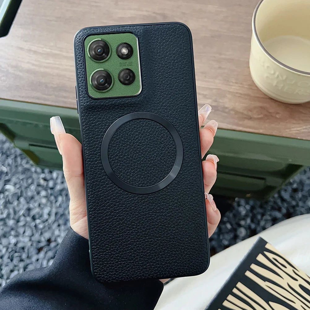 With Magsafe Magnetic Plain Leather Lychee Case For Moto G 2025 G Power 2025 G15 Power G05 G55 G35 G45 E15 Camera protect Cover