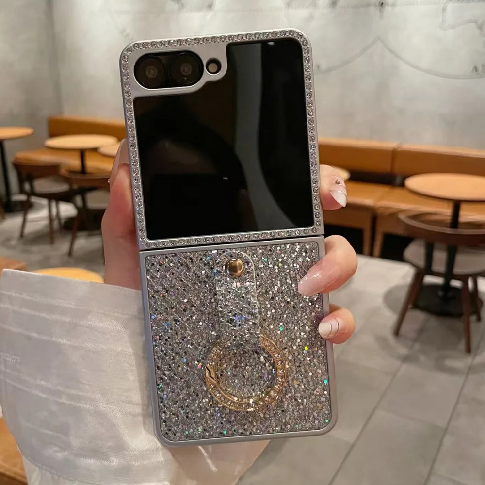 Luxury Shiny Diamonds Ring Phone Case For Samsung Galaxy Z Flip 7 6 5 4 Glitter Shockproof Protective Folding Cover