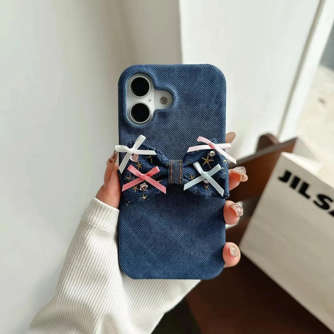 Sweet Bow Denim Stand Case Hard Back Cover for Google Pixel 7 7A 8 8A 9 9A 9 Pro XL10 10Pro with Adorable Bow Kickstand, Bracket