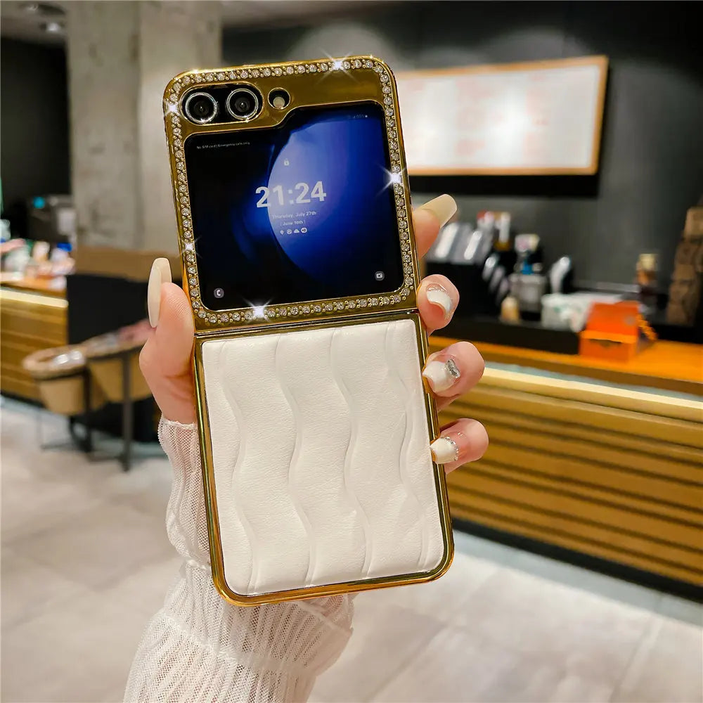 Luxury Bling Diamond Leather Plating Case For Samsung Galaxy Z Flip 6 Flip 5 Flip 3 4 Shockproof Cover Funda