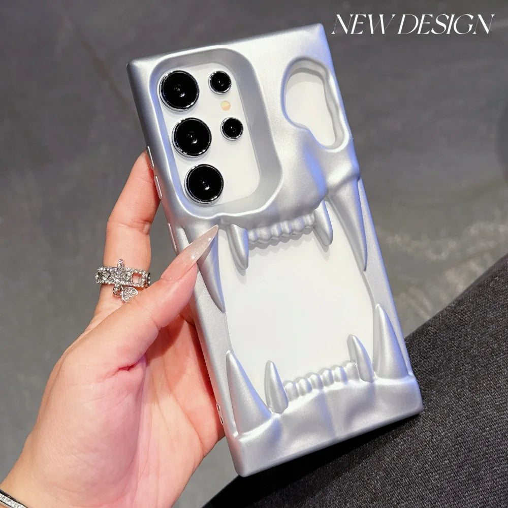 Luxury Hollow 3D Skeleton Tiger Teeth Case For Samsung Galaxy S25 S24 Plus Ultra Matte Metallic Fluorescence Shockproof Cover
