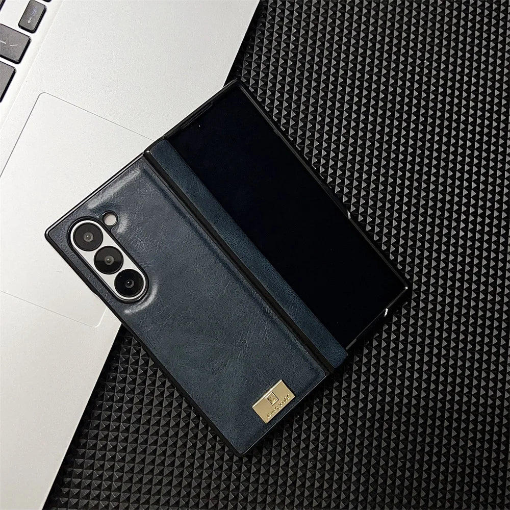 Retro Leather Hard Shell Shockproof Phone Case for Samsung Galaxy Z Fold 6 5 4 3 Fold6 Fold5 Fold4 Fold3 Hinge Protective Cover