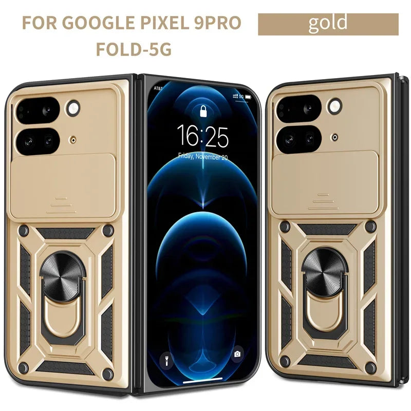 For Google Pixel 9 Pro Fold 5G Phone Case Shockproof Car Magnet Ring Armor Protection Silicone Stand Holder Back Cover Cases