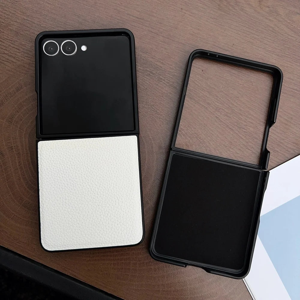 Luxury Lychee Pattern Leather Phone Case For Samsung Galaxy Z Flip 7 6 5 4 3 5G Shockproof Soft Cover For ZFlip6 Flip5 Flip4