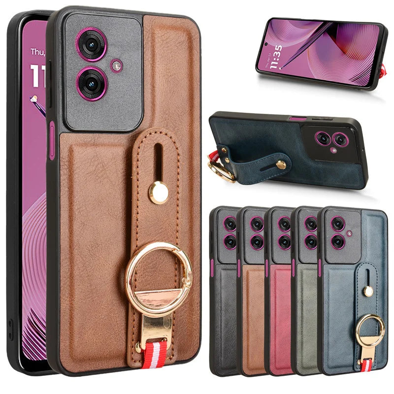 Luxury Wristband Leather Stand Case for Motorola Moto G35 G55 G45 G85 5G With Ring Opener Coque Fundas Capa