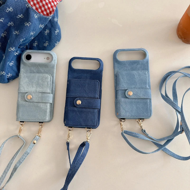 Luxury Solid Color Denim Wallet Card Slot One Buckle Lanyard Phone Case For Google Pixel 10 Pro 9A 8A 7A 7 8 9 Pro XL Back Cover
