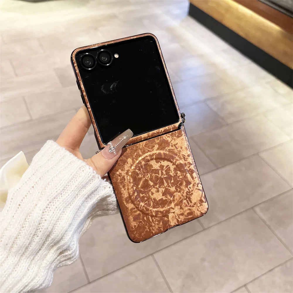 Luxury Leather Magnetic Phone case for Samsung Galaxy Z Flip6 7 FE Flip7 Flip5 6 7 Cover Glitter Shell Pattern Protection Cases