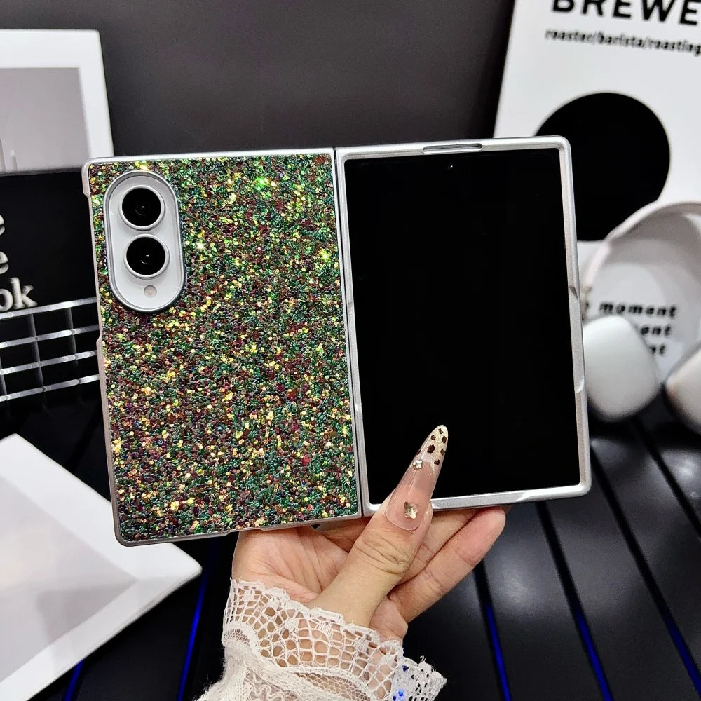 Luxury Phantom Glitter Sequin Phone Case for Samsung Galaxy Z Fold 8 Women's Fashion Simple Plated Frame Foldable Shockproof Set