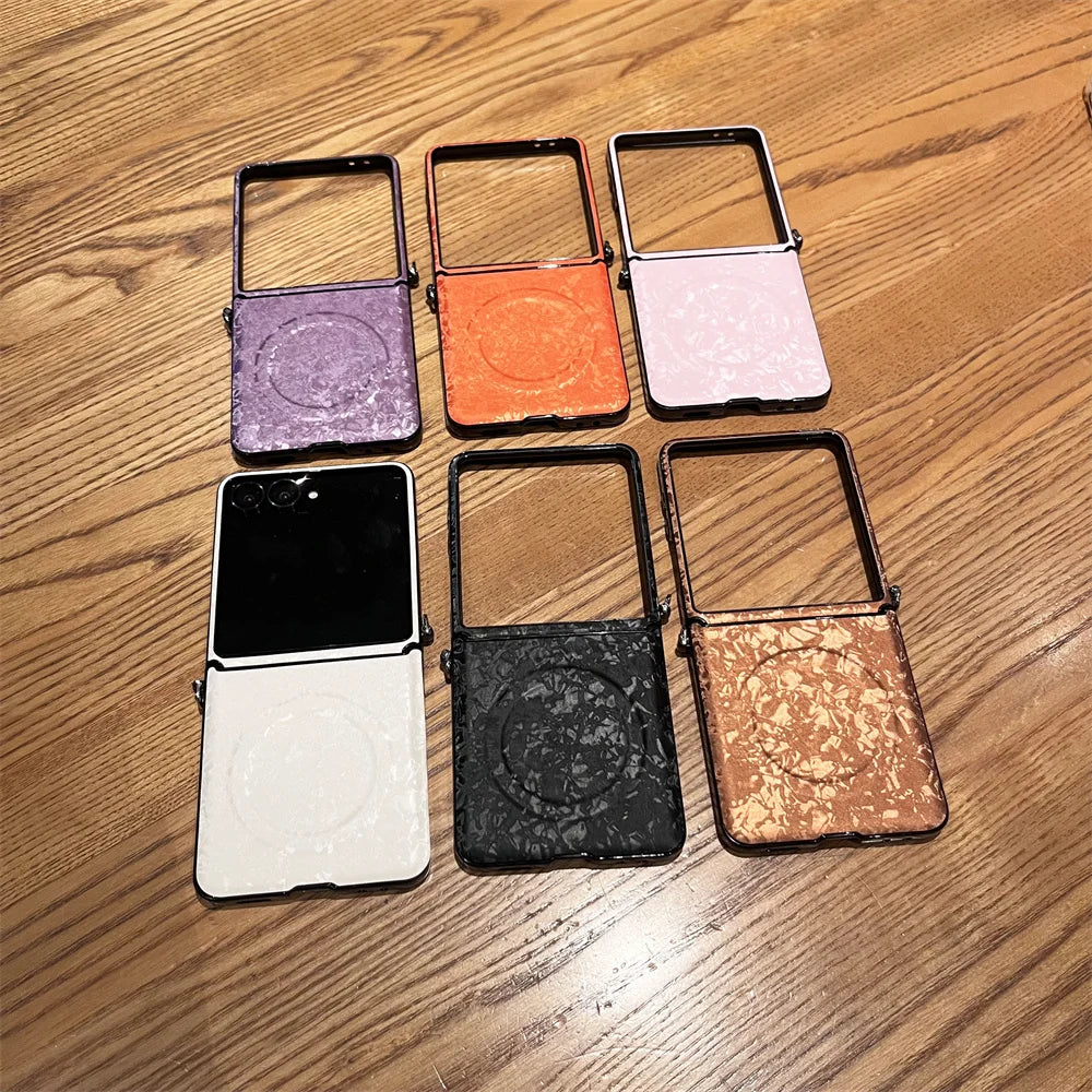 Luxury Leather Magnetic Phone case for Samsung Galaxy Z Flip6 7 FE Flip7 Flip5 6 7 Cover Glitter Shell Pattern Protection Cases