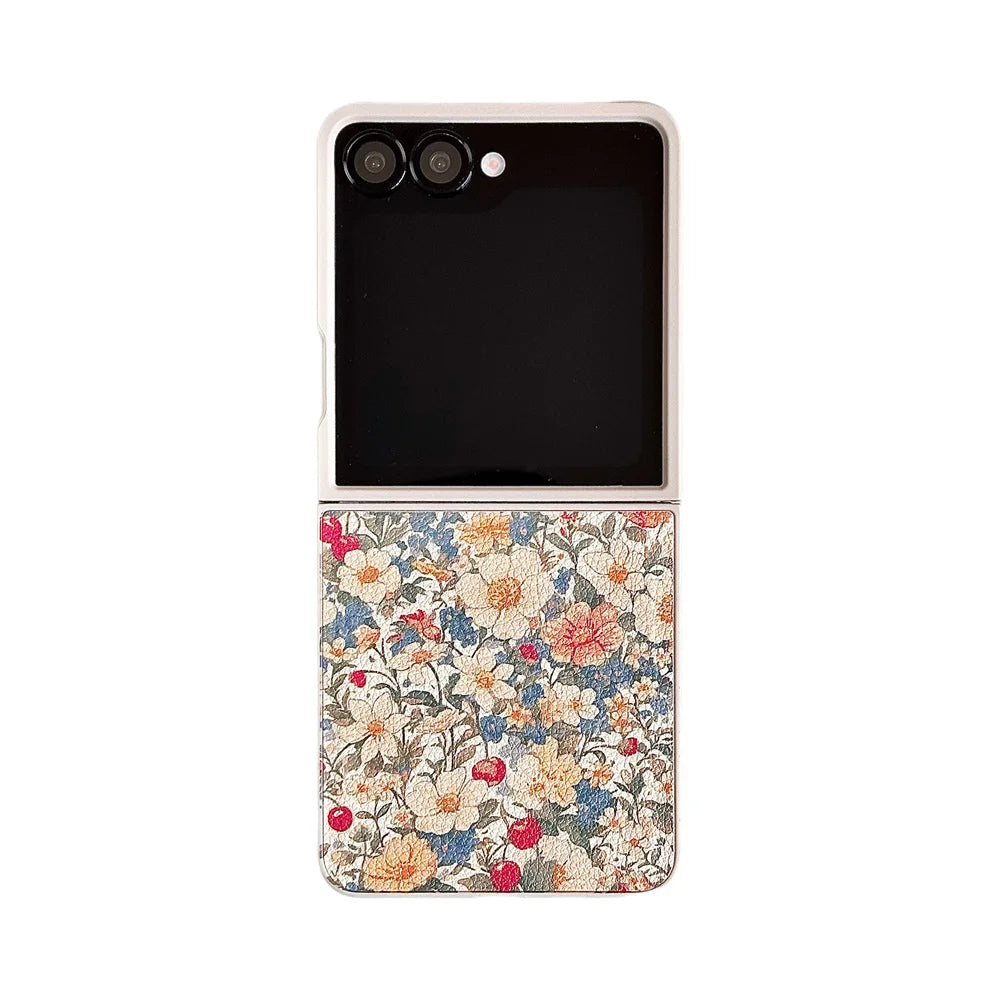 Stylish Leather Flower Phone Case for Samsung Galaxy Z Flip 7 Flip 6 7FE flip 5 flip4 3 flip7 Cover Cute Fundas Protection Cases