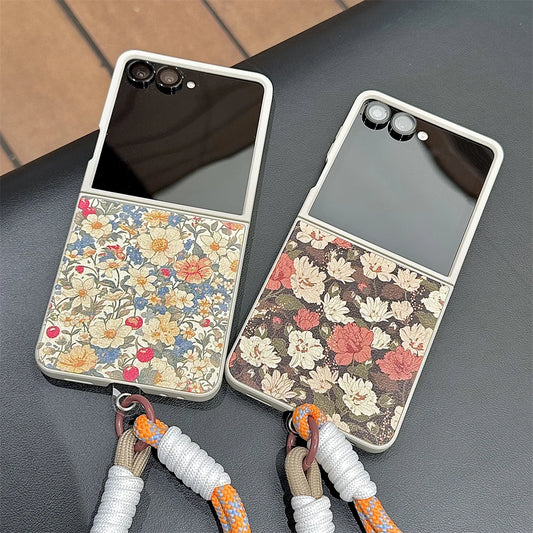 Stylish Leather Flower Phone Case for Samsung Galaxy Z Flip 7 Flip 6 7FE flip 5 flip4 3 flip7 Cover Cute Fundas Protection Cases