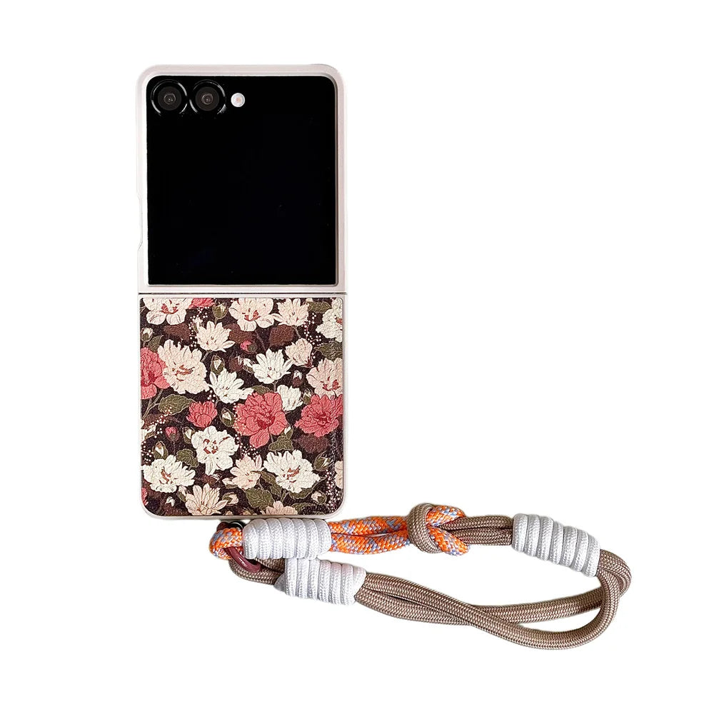Stylish Leather Flower Phone Case for Samsung Galaxy Z Flip 7 Flip 6 7FE flip 5 flip4 3 flip7 Cover Cute Fundas Protection Cases